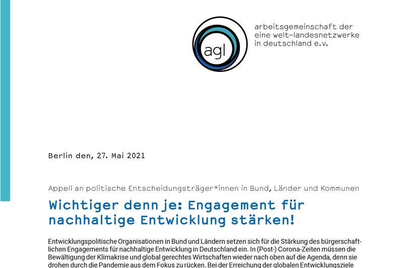 Appell an politische Entscheidungsträger*innen in Bund, Länder und Kommunen Wichtiger denn je: Engagement für nachhaltige Entwicklung stärken!