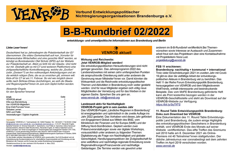 B-B-Rundbrief Februar 2022 | Entwicklungs- und umweltpolitische Informationen aus Brandenburg und Berlin