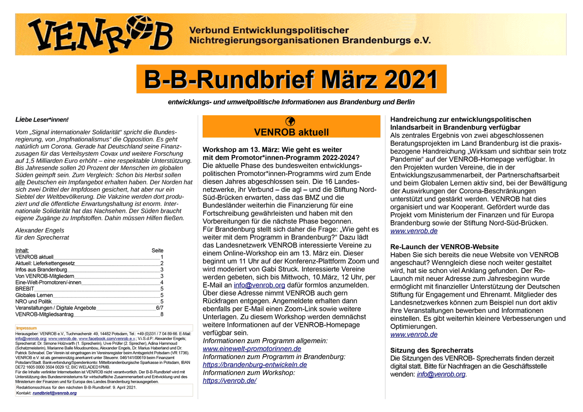 B-B-Rundbrief März 2021 | Entwicklungs- und umweltpolitische Informationen aus Brandenburg und Berlin