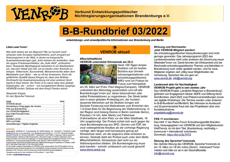 B-B-Rundbrief März 2022 | Entwicklungs- und umweltpolitische Informationen aus Brandenburg und Berlin