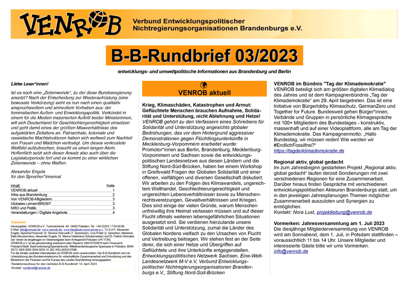 B-B-Rundbrief März 2023 | Entwicklungs- und umweltpolitische Informationen aus Brandenburg und Berlin