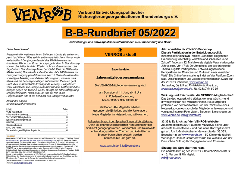 B-B-Rundbrief Mai 2022 | Entwicklungs- und umweltpolitische Informationen aus Brandenburg und Berlin