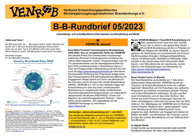 B-B-Rundbrief Mai 2023 – entwicklungs- und umweltpolitische Informationen aus Brandenburg und Berlin
