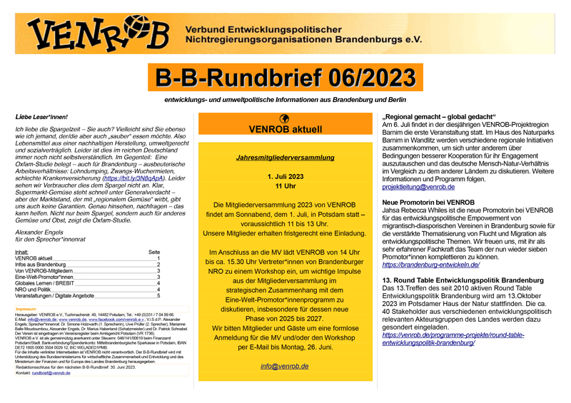 B-B-Rundbrief Juni 2023 – entwicklungs- und umweltpolitische Informationen aus Brandenburg und Berlin