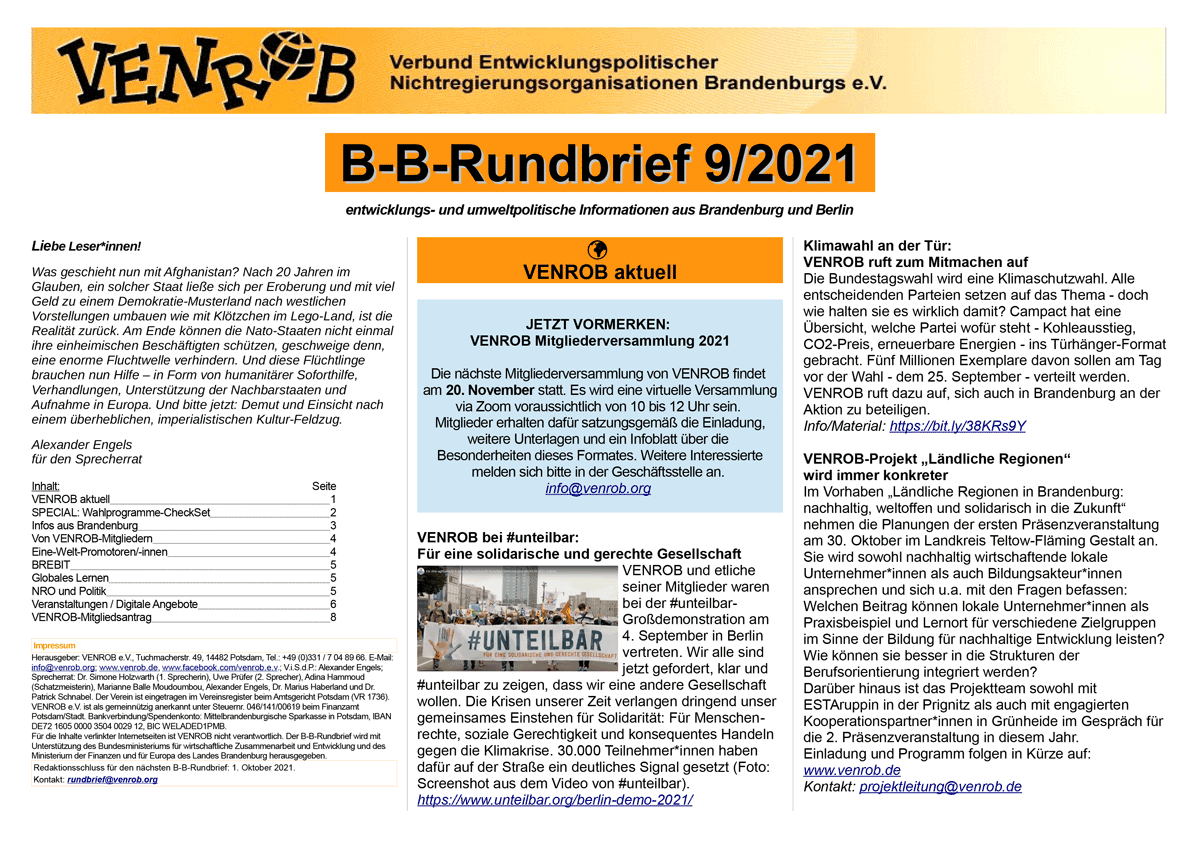 B-B-Rundbrief September 2021 | Entwicklungs- und umweltpolitische 