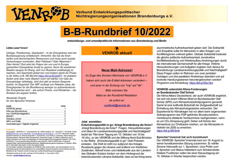 B-B-Rundbrief Oktober 2022 Von VENROB E.V.