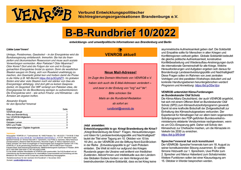 B-B-Rundbrief Oktober 2022 | Entwicklungs- und umweltpolitische Informationen aus Brandenburg und Berlin