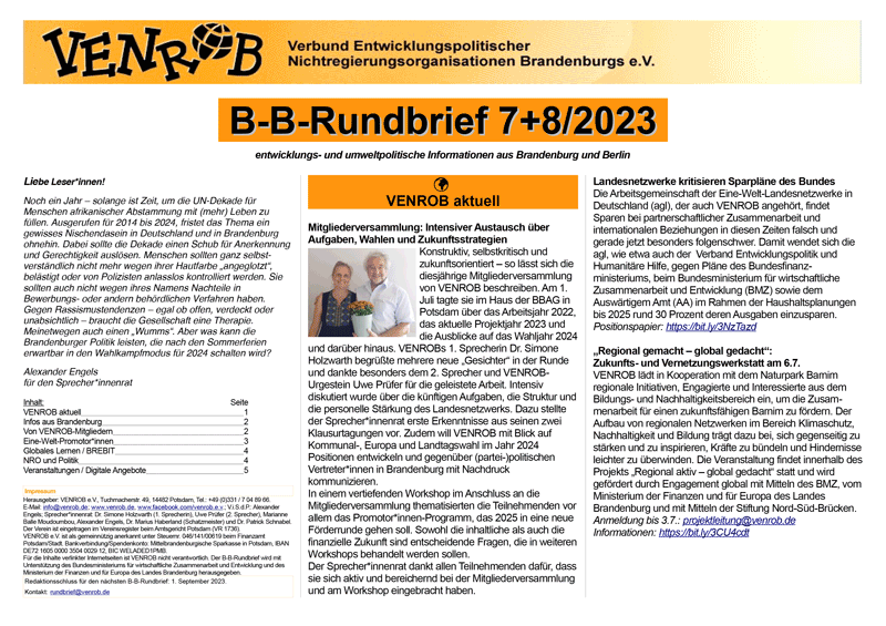 B-B-Rundbrief Juli - August 2023 – entwicklungs- und umweltpolitische Informationen aus Brandenburg und Berlin