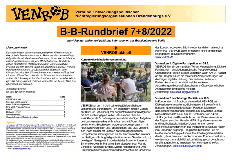 B-B-Rundbrief Juli - August 2022 | Entwicklungs- und umweltpolitische Informationen aus Brandenburg und Berlin