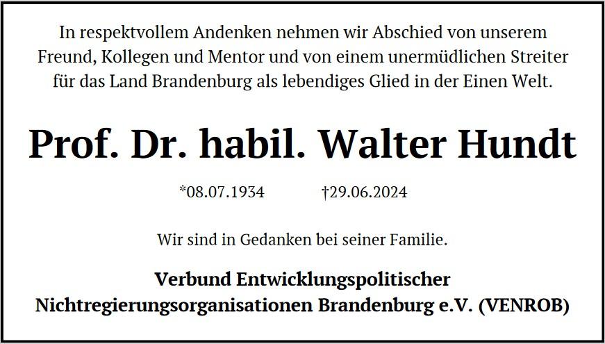 VENROB gedenkt einem Gründungsvater – Walter Hundt