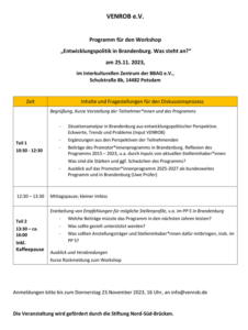 Programm für den Workshop „Entwicklungspolitik in Brandenburg. Was steht an?“ am 25.11. 2023