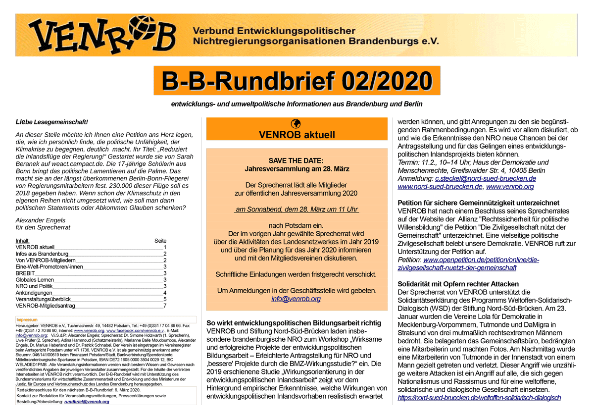 B-B-Rundbrief 02-2020 | entwicklungs- und umweltpolitische Informationen aus Brandenburg und Berlin