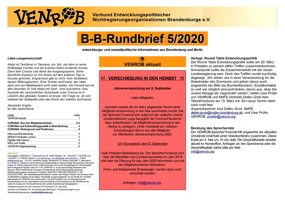 B-B-Rundbrief 05-2020 | entwicklungs- und umweltpolitische Informationen aus Brandenburg und Berlin