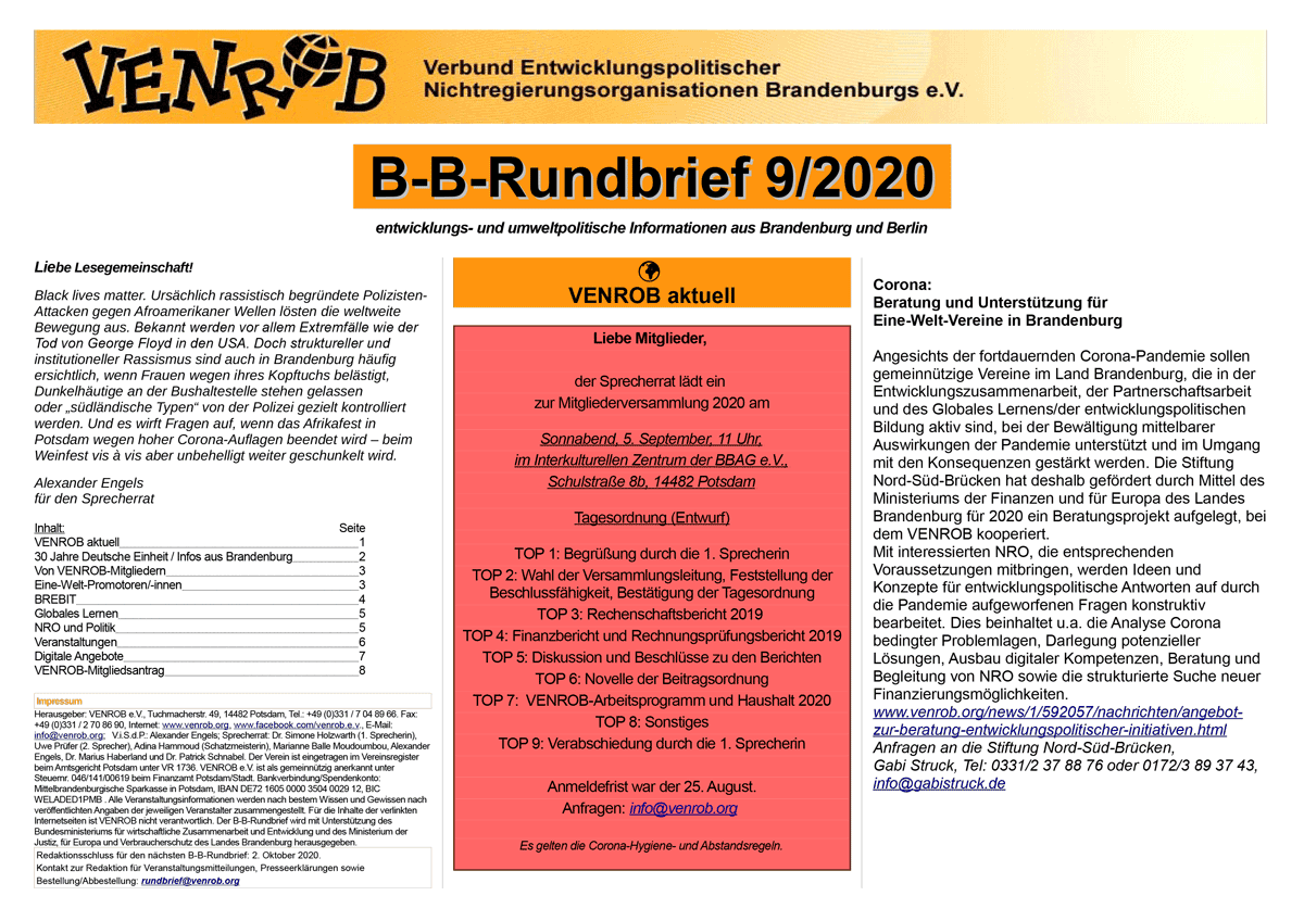 B-B-Rundbrief 9-2020 | entwicklungs- und umweltpolitische Informationen aus Brandenburg und Berlin