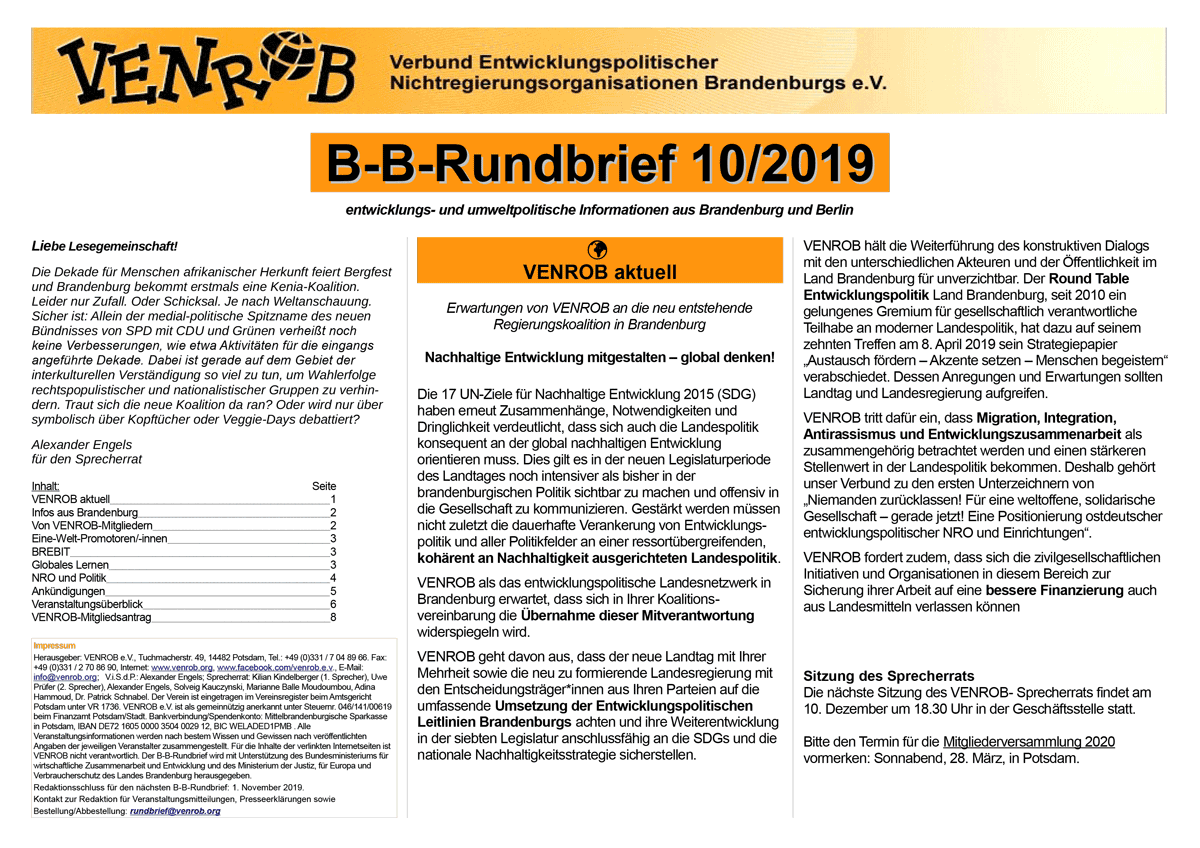 B-B-Rundbrief 10-2019 | entwicklungs- und umweltpolitische Informationen aus Brandenburg und Berlin