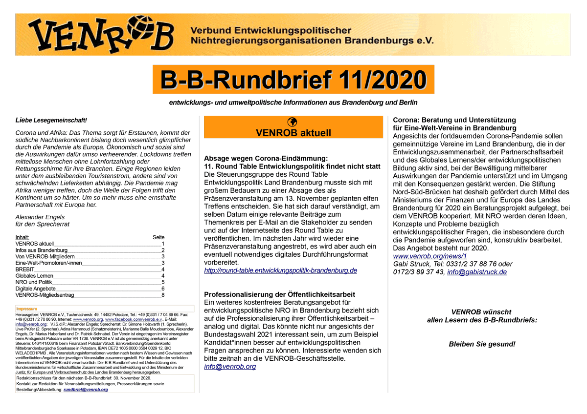 B-B-Rundbrief 11-2020 | entwicklungs- und umweltpolitische Informationen aus Brandenburg und Berlin