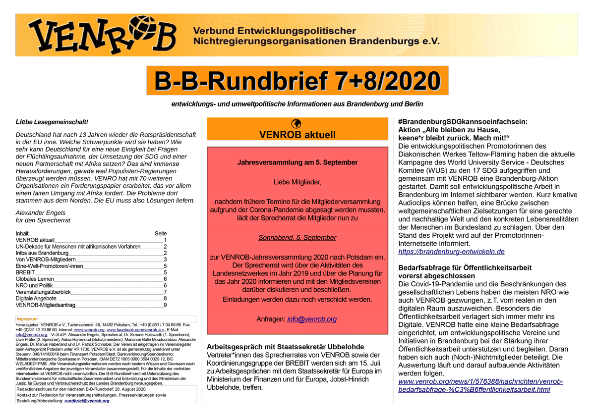 B-B-Rundbrief 7+8-2020 | entwicklungs- und umweltpolitische Informationen aus Brandenburg und Berlin